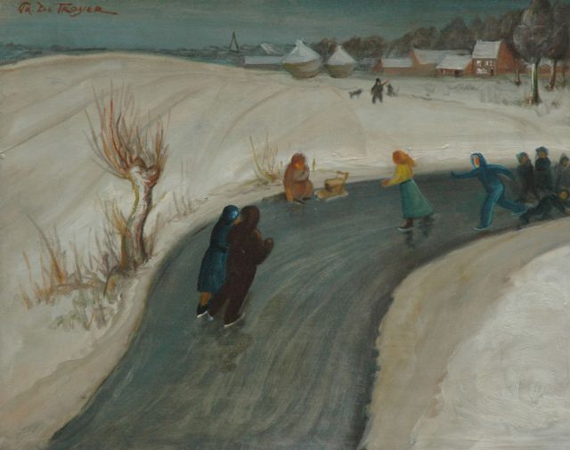 Prosper de Troyer | Skaters in landscape with snow, Öl auf Holz, 72,4 x 89,9 cm, signed u.l.