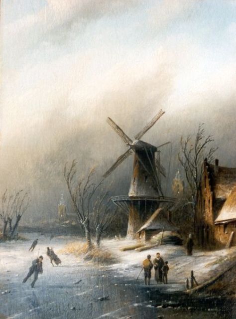 Jacob Jan Coenraad Spohler | A Dutch winter landscape, Öl auf Holz, 21,5 x 15,8 cm, signed l.r.