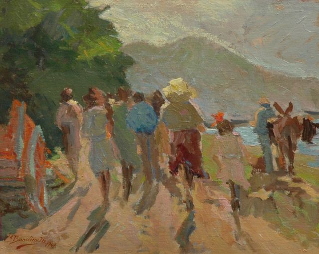 Aldo Bandinelli | A walk in the countryside, Öl auf Leinwand  auf Holzfaser, 25,5 x 31,5 cm, signed l.l. and with monogram on the reverse und datiert 1947