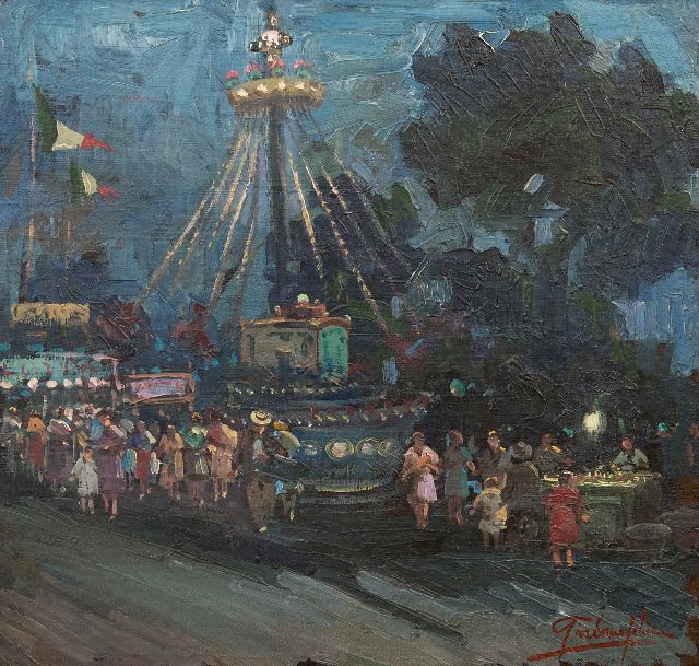 Felice Giordano | Karussell am Abend, Öl auf Leinwand  auf Holzfaser, 47,8 x 50,8 cm, Unterzeichnet r.u.