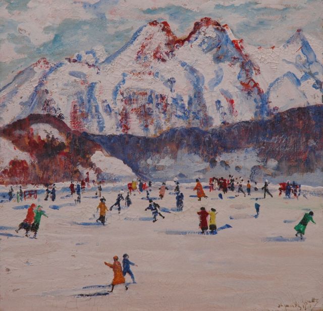 Georgette Agutte | Skating at St. Moritz, Gouache auf Holzfaser, 23,5 x 24,3 cm, signed l.r. und dated 'St. Moritz 1918'