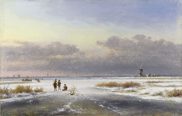 Kleijn L.J.  | A winter landscape with skaters and windmills, Öl auf Holz 33,5 x 52,0 cm, signed l.r.