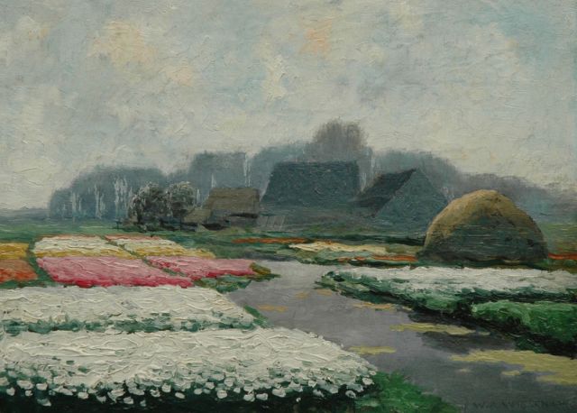 Willem Abraham Wassenaar | Farmhouse with bulb fields, Öl auf Holzfaser, 22,0 x 30,1 cm, signed l.r.