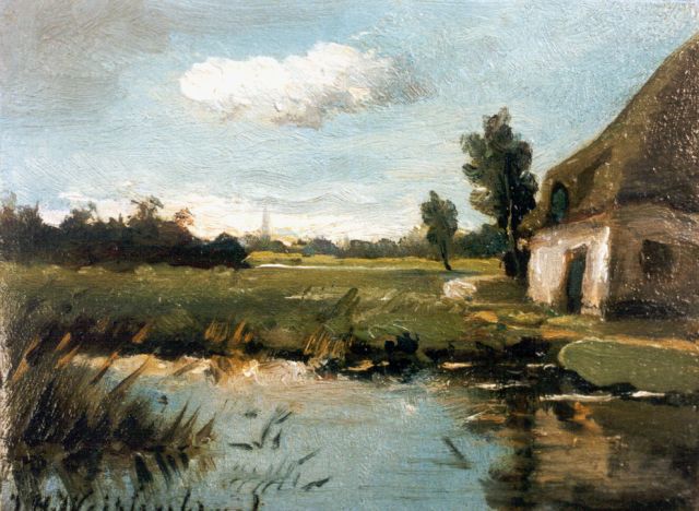 Jan Hendrik Weissenbruch | A view of a pond by a farm, Öl auf Tafel, 7,0 x 9,2 cm, signed l.l.