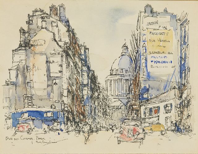 Jan Rijlaarsdam | Die Rue des Carmes, Paris, mit einem Citroën Traction Avant, Feder, Tinte und Aquarell auf Papier, 18,9 x 24,2 cm, Unterzeichnet l.u. und zu datieren Jahre '50