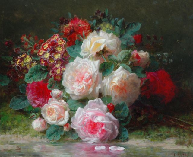 Jean-Baptiste Robie | Flower stillife with roses and primroses, Öl auf Holz, 39,8 x 48,1 cm, signed l.r.