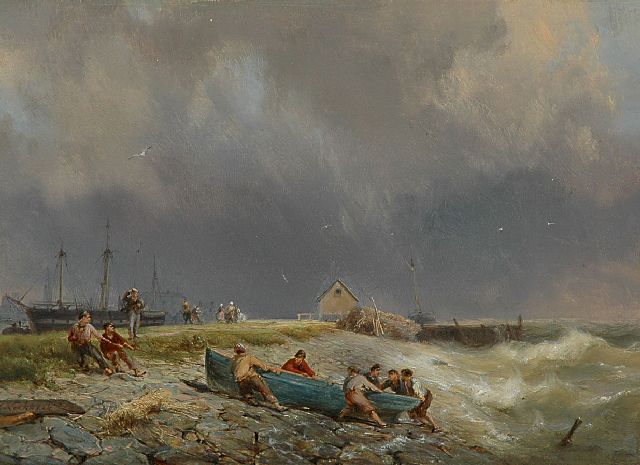 Hermanus Koekkoek | bringing in the fishing boat, Öl auf Tafel, 19,1 x 26,2 cm, signed l.l.