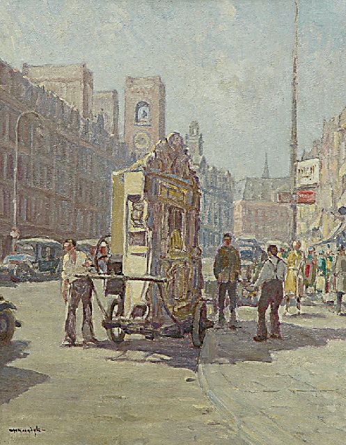 Willem Noordijk | Organ grinder on the Damrak, Amsterdam, Öl auf Leinwand, 50,3 x 40,0 cm, signed l.l.