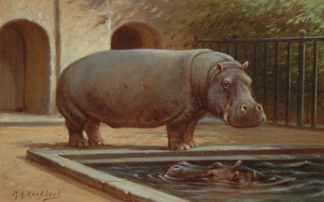 Marinus Adrianus Koekkoek II | Two hippopotamus in the Amsterdam zoo, Öl auf Papier auf Holzfaser, 16,4 x 25,3 cm, signed l.l.