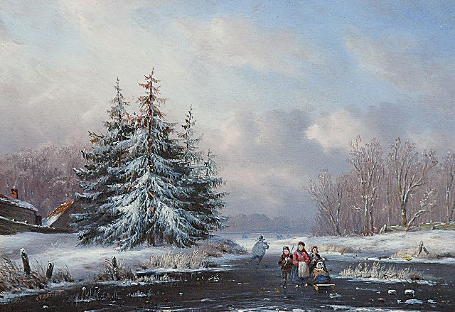 Ahrendts C.E.  | A snowy landscape with skaters and a sledge, Öl auf Holz 18,2 x 25,9 cm, signed l.l.