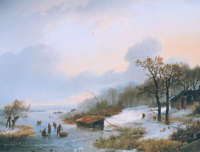 Marinus Adrianus Koekkoek I | Winter landscape with skaters on a frozen river, Öl auf Holz, 28,2 x 36,0 cm, signed l.r. und dated 1842