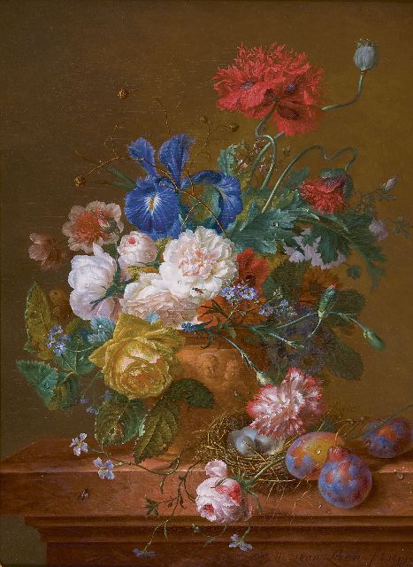 Willem van Leen | A still life with flowers and a bird's nest, Öl auf Holz, 56,9 x 41,6 cm, signed l.r. und dated 1819