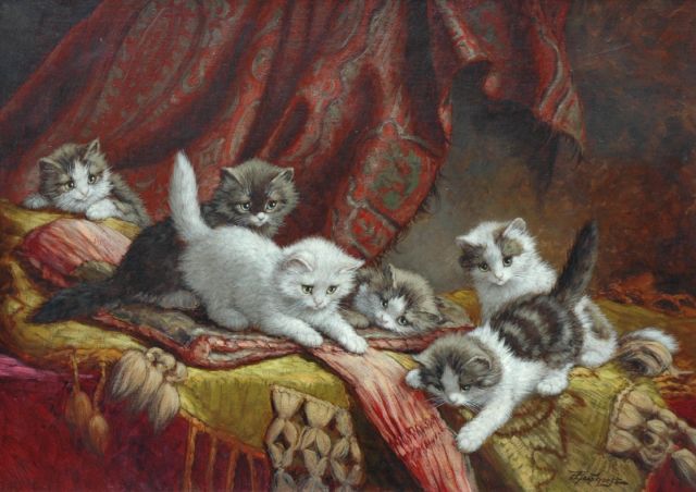 Cornelis Raaphorst | Six playing kittens on a pillow, Öl auf Leinwand, 50,3 x 70,4 cm, signed l.r.