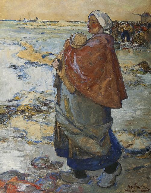 Hans von Bartels | A mother and child, waiting on the beach, Gouache auf Papier, 98,8 x 80,0 cm, signed l.r.