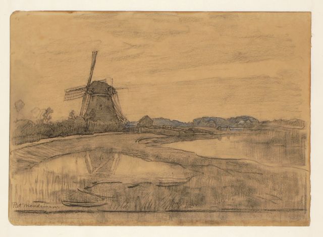 Mondriaan P.C.  | The Oostzijdse Molen on the river Gein near Abcoude, Schwarze und weisse Kreide Kreide auf Papier 24,5 x 36,0 cm, signed l.l. und dated 1903