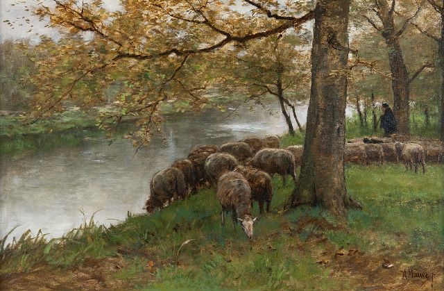 Anton Mauve | Trinkende Schafe am Fluss, Öl auf Leinwand, 60,5 x 90,2 cm, Unterzeichnet r.u. und zu datieren um 1870
