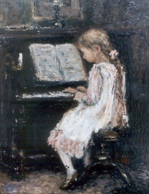 Jacob Maris | A girl playing the piano, Öl auf Tafel, 20,0 x 15,2 cm, signed l.r.