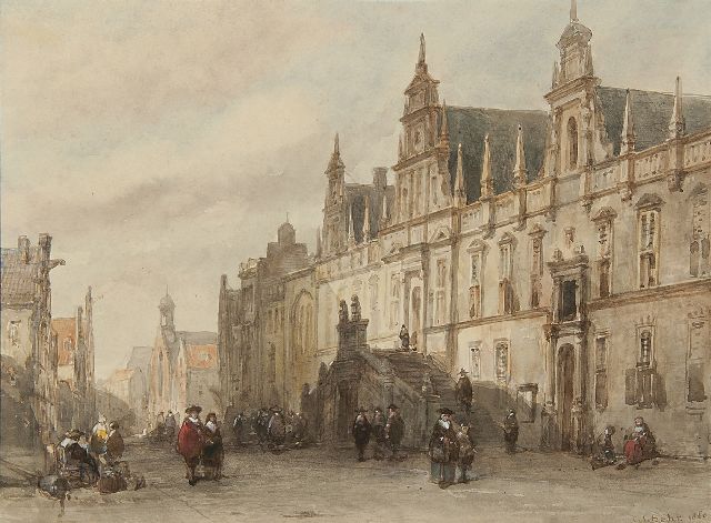 Behr C.J.  | Anblick auf das Rathaus von Leiden, Aquarell auf Papier 24,0 x 31,7 cm, Unterzeichnet r.u. und datiert 1860