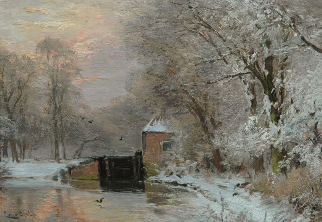 Louis Apol | A winter landscape with a lock, at sunset, Öl auf Holz, 26,5 x 38,0 cm, signed l.l.