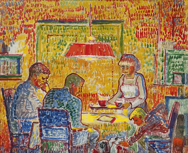 Harm Kamerlingh Onnes | A family by lamp-light, Öl auf Holzfaser, 35,0 x 43,0 cm, signed l.r. with monogram und dated '35