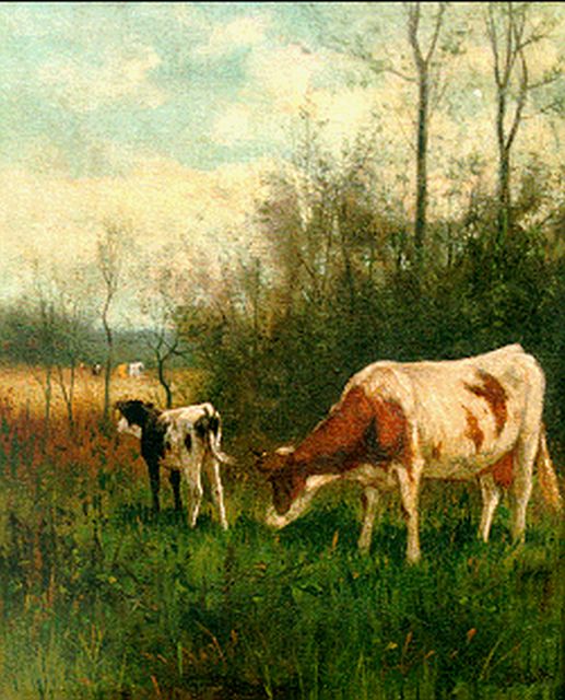 Willem Frederik Hulk | Cows in a meadow, Öl auf Leinwand, 30,3 x 25,4 cm