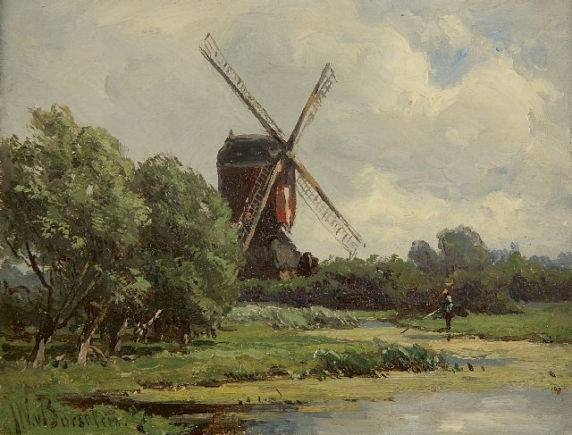 Jan Willem van Borselen | Windmill on the eastside of the polder 'Stolwijk' (near Gouda), Öl auf Holz, 9,0 x 11,8 cm, signed l.l.