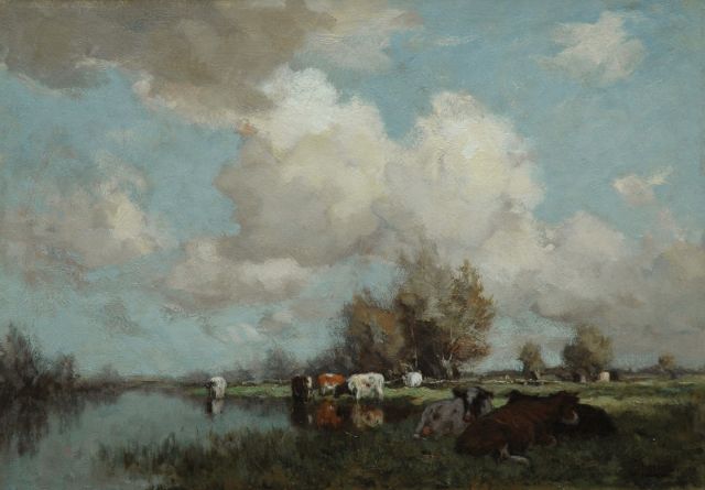 Johannes Karel Leurs | Cows along a river, Öl auf Leinwand, 47,3 x 67,2 cm, signed l.r.