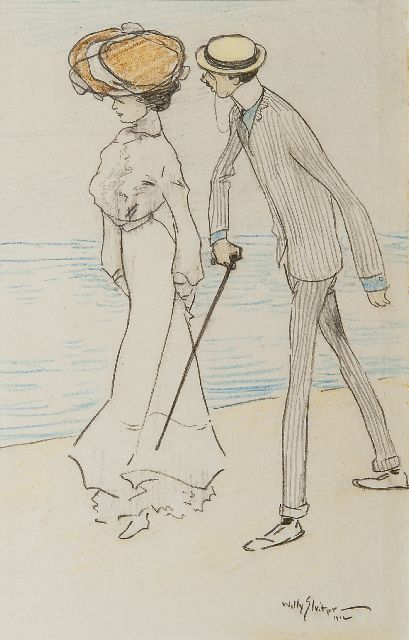 Sluiter J.W.  | A stroll along the beach, Schwarze und Farbkreide auf Papier 27,0 x 17,0 cm, signed l.r. und dated 1912