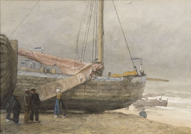 Willem Bastiaan Tholen | Fischer und 'Bomschiffe' auf dem Strand von Scheveningen, Aquarell auf Papier, 37,4 x 53,4 cm, Unterzeichnet l.u.