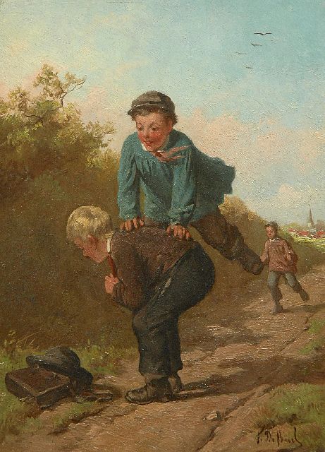 Frans de Beul | Playing leap frog, Öl auf Holz, 24,0 x 17,6 cm, signed l.r.