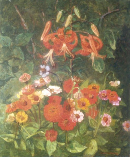 Marie Wandscheer | Lilies and zinnias, Öl auf Leinwand, 65,5 x 56,6 cm, signed l.r. and on stretcher