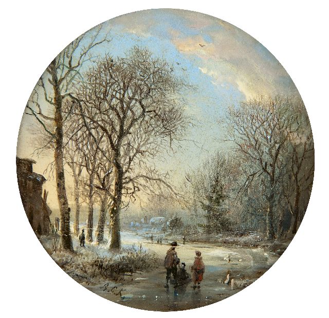 Barend Cornelis Koekkoek | A winter landscape with skaters at sunset, Öl auf Kupfer, 7,0 x 7,0 cm, Unterzeichnet l.u. mit Initialen und zu datieren ca. 1827-1830