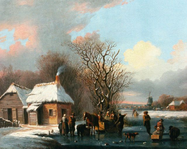 Jacobus van der Stok | Activities on a frozen waterway, Öl auf Holz, 22,3 x 27,0 cm, signed on a cart