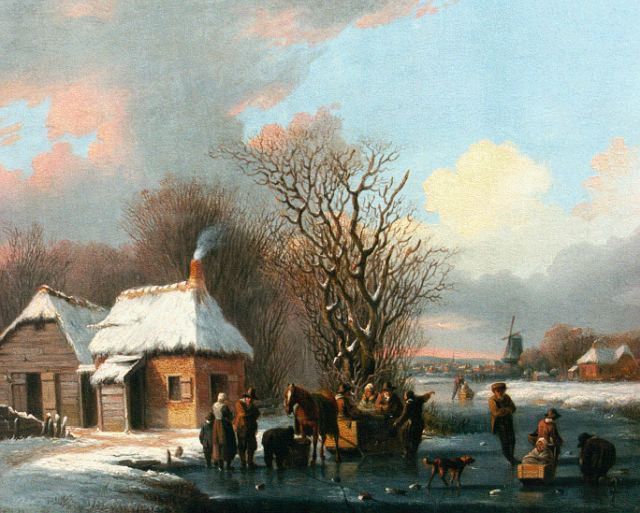 Stok J. van der | Activities on a frozen waterway, Öl auf Holz 22,3 x 27,0 cm, signed on a cart