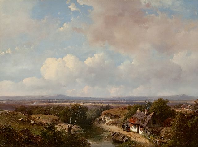 Andreas Schelfhout | Sommerliche panoramische Landschaft, Öl auf Holz, 28,1 x 39,0 cm, Unterzeichnet l.u. und datiert '50