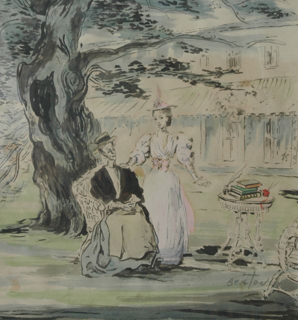 Beaton C.W.H.  | Szene aus dem Theaterstück The importance of being Earnest: Miss Prism und Cecily, Ausziehtusche und Aquarell auf Papier 46,5 x 49,5 cm, Unterzeichnet r.u.