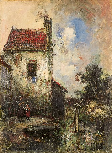 Johan Barthold Jongkind | Zwei Kinder bei einem Haus, Öl auf Leinwand, 33,0 x 24,8 cm, Unterzeichnet r.u. und datiert 1868