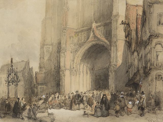 Bosboom J.  | Nach der Messe in der Kathedrale von Antwerpen, Tinte, Kreide und Aquarell auf Papier 30,7 x 40,7 cm, Unterzeichnet r.u.