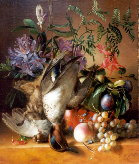 Geertruida Margaretha Jacoba Huidekoper | A still life with flowers, fruits and dead game, Öl auf Leinwand auf Holz, 54,2 x 46,3 cm, signed l.r. with initials und dated 1844