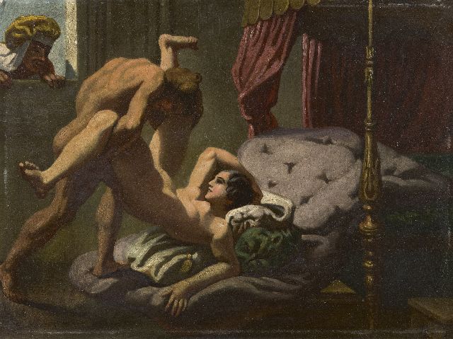A. Fischer | Der Voyeur, Öl auf Malereifaser, 26,0 x 34,6 cm, Unterzeichnet l.u.