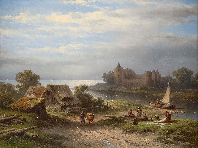 Hilverdink J.  | View on the river Vecht and the Muiderslot, Öl auf Leinwand auf Holz 36,8 x 47,2 cm, signed l.r. und dated 1863