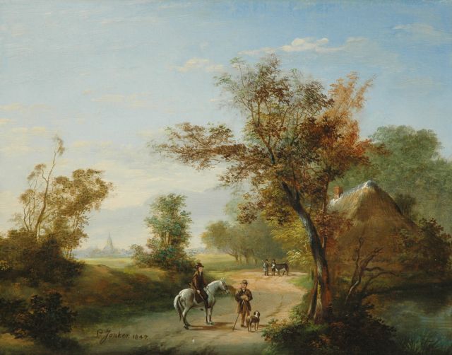Jonker L.  | A summer landschape with landfolk and a horseman, Öl auf Holz 32,8 x 41,3 cm, signed l.o.t.c. und dated 1847