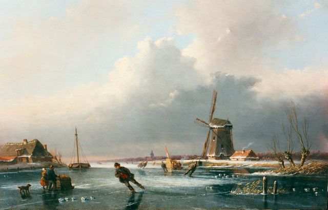 Meijier A.A. de | Skaters on the ice near a windmill, Öl auf Holz 24,0 x 36,5 cm