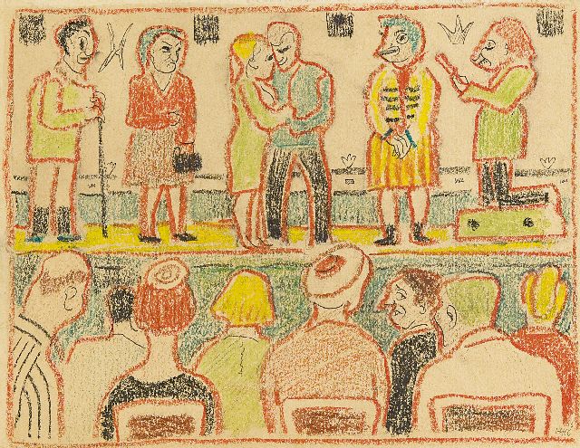 Harm Kamerlingh Onnes | Die Theatervorstellung, Kreide auf Papier, 23,6 x 30,6 cm, Unterzeichnet r.u. mit Monogramm und datiert '66