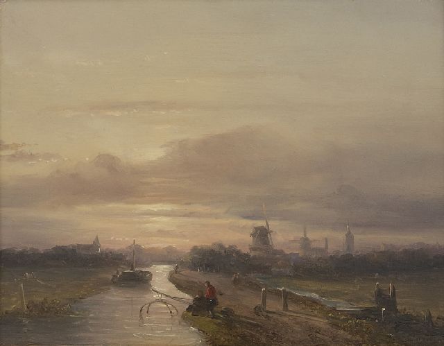 Salomon Verveer | Zwei Fischer an einem Kanal bei untergehender Sonne, Öl auf Holz, 17,5 x 23,2 cm, Unterzeichnet r.u.