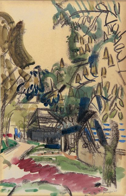 Jan Wiegers | Country road with houses and trees, Schwarze Kreide und Aquarell auf Papier, 38,4 x 25,2 cm, signed l.r. und dated '56