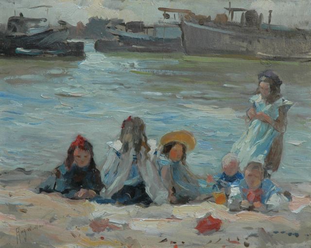 August van Voorden | Spielende Kinder am Ufer, Öl auf Holz, 27,2 x 34,2 cm, Unterzeichnet u.l.