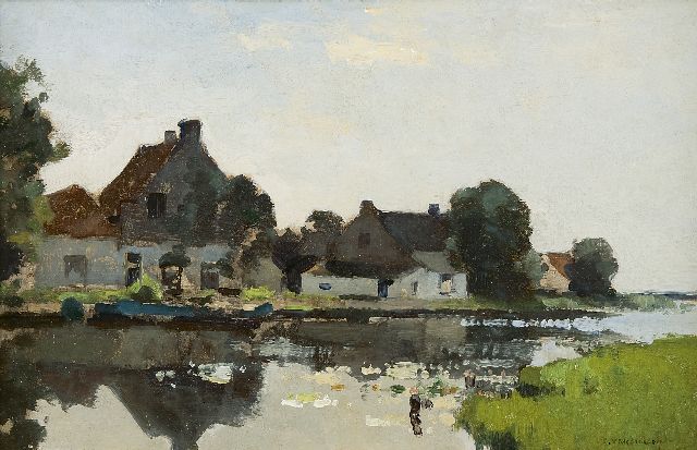 Cornelis Vreedenburgh | Farm houses along the canal, Öl auf Tafel, 24,0 x 37,5 cm, signed l.r.