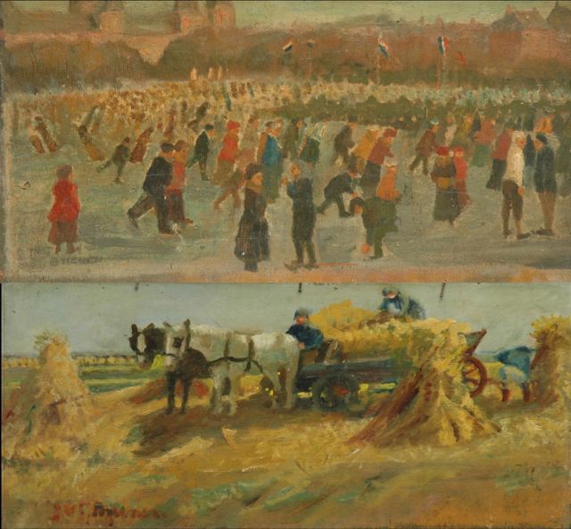 Brienen J.  | Skaters on the Museumplein in Amsterdam; on the reverse: Harvesting, Öl auf Holz 28,5 x 54,3 cm, signed l.l. and on the reverse