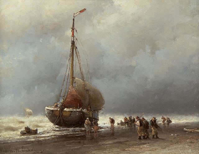 Willem Hendrik Eickelberg | Entladen des Fischzuges im Sturm, Öl auf Holz, 26,8 x 35,0 cm, Unterzeichnet l.u.